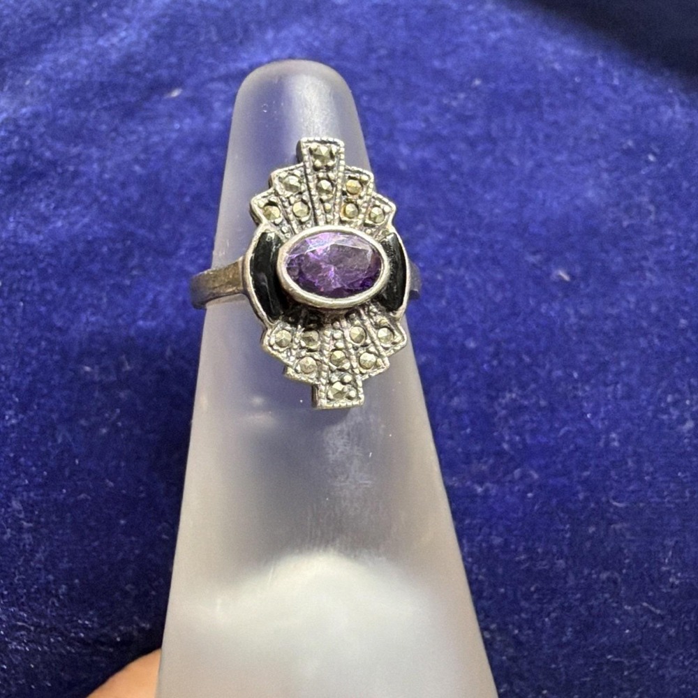 Amethyst Onyx Marcasite Art Deco Sterling Silver 925 Vintage Ring  Size 7.5